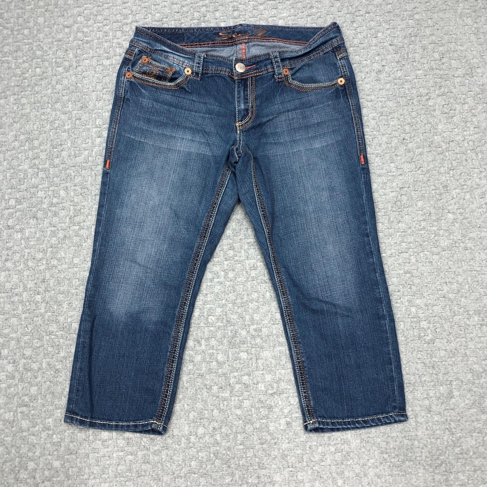 Seven7 Capri Jeans Womens 14 Blue Medium Wash Embroidered Stretch Denim Luxe